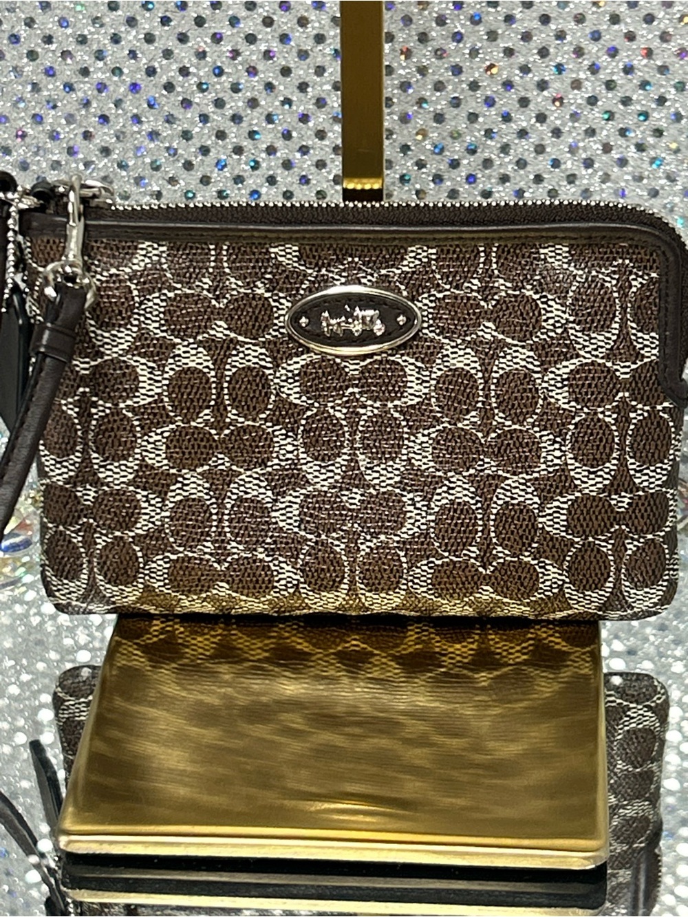 Coach Brown Signature Canvas Wristlet with Silver Plaque Approx. 6 x 4